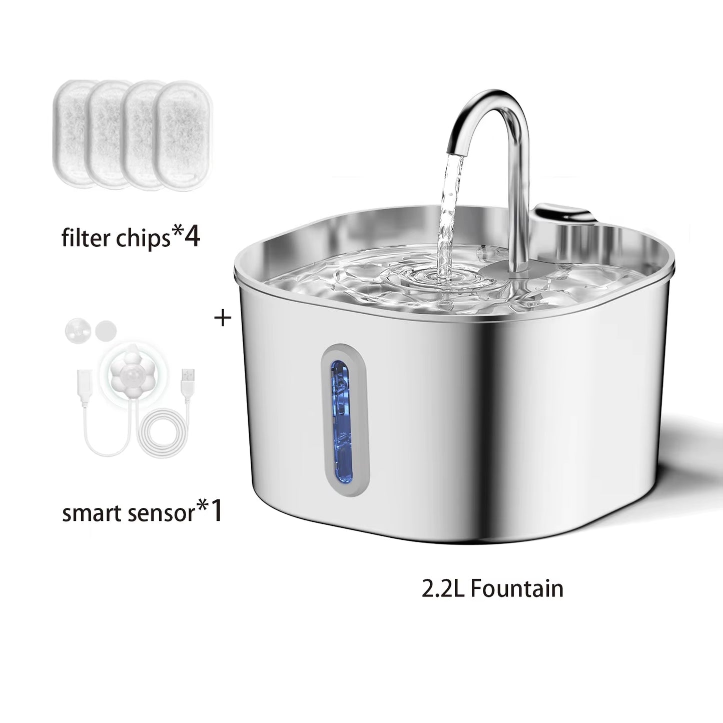 2.2L Automatic Cat Water Fountain Square Stainless Steel Pet Water Feeder Dog Water Fountain with Window(No 5V 1A Plug)